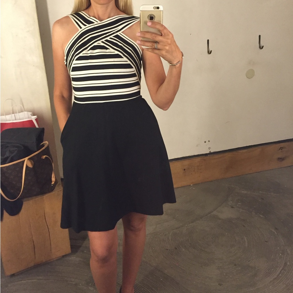 Maeve Black and White Striped Dress with pockets